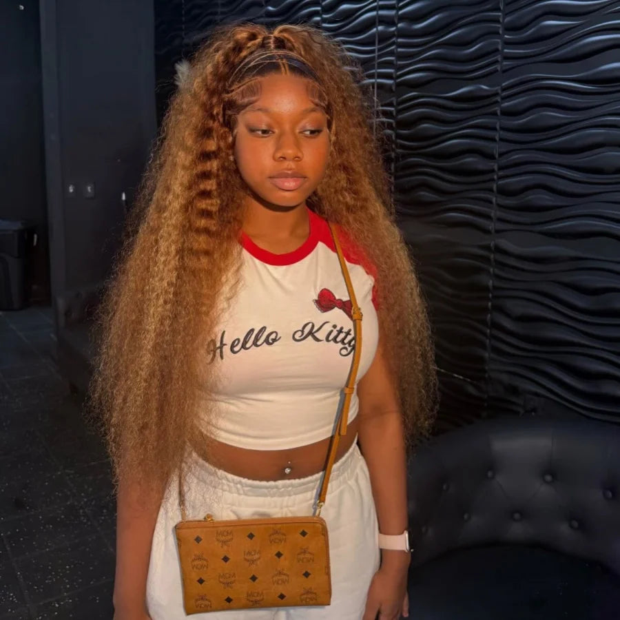 200% Highlight 4 27 Curly Human Hair Wigs 34 Inch 13x4 Transparent Lace Frontal Wigs Pre Plucked With Baby Hair Deep Curly Wigs