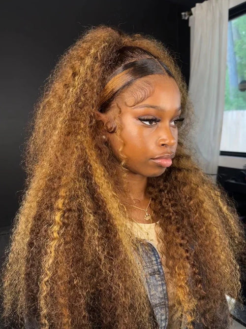 200% Highlight 4 27 Curly Human Hair Wigs 34 Inch 13x4 Transparent Lace Frontal Wigs Pre Plucked With Baby Hair Deep Curly Wigs