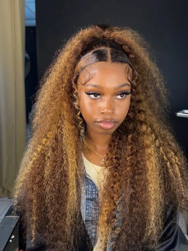 200% Highlight 4 27 Curly Human Hair Wigs 34 Inch 13x4 Transparent Lace Frontal Wigs Pre Plucked With Baby Hair Deep Curly Wigs