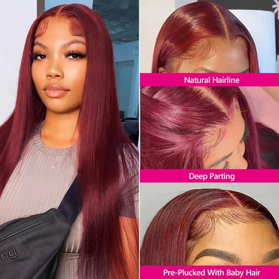 Tuneful Premium 13x6 99J Burgundy Colored Human Hair Lace Front Wigs 180% HD Lace Frontal Wigs Bone Straight Human Hair Wig