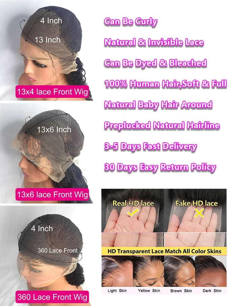 250% Real Density Deep Wave Lace Front Wig 13x6 Hd Lace Frontal Wig 13x4 Curly ≥98% Human Hair Wigs For Women 360 PrePlucked Wig