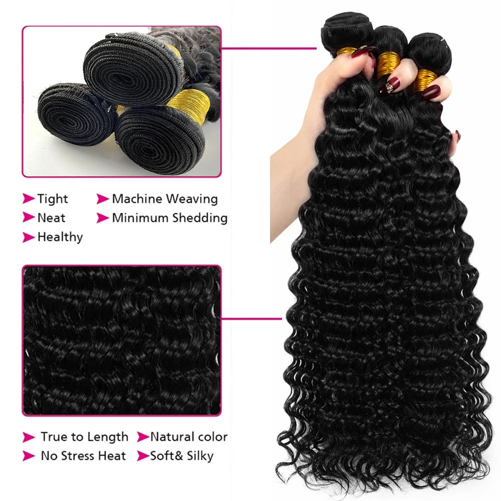 28 30 32 Inches Deep Wave Bundles With Frontal 13x4 Lace Brazilian Remy Hair Bundles for Black Women Lace Closure With Bundle