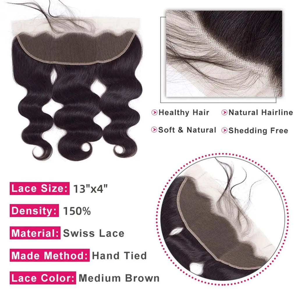 Body Wave Bundles Human Hair With Frontal Natural Remy Human Hair Extensions 3 Bundles With13x4 Transparent Lace Frontal Closure