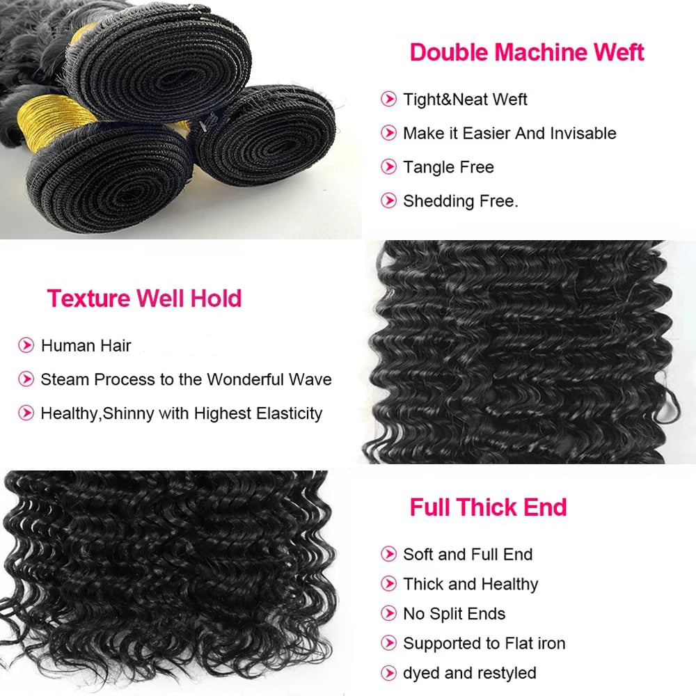 28 30 32 Inches Deep Wave Bundles With Frontal 13x4 Lace Brazilian Remy Hair Bundles for Black Women Lace Closure With Bundle