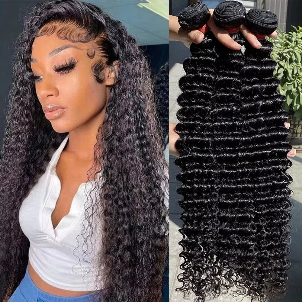 Deep Wave Brazilian Human Hair Bundles 28 30 inch Virgin Hair 3 4 Bundles For Women Sew In Quick Curly Weave Raw Hair Extensions