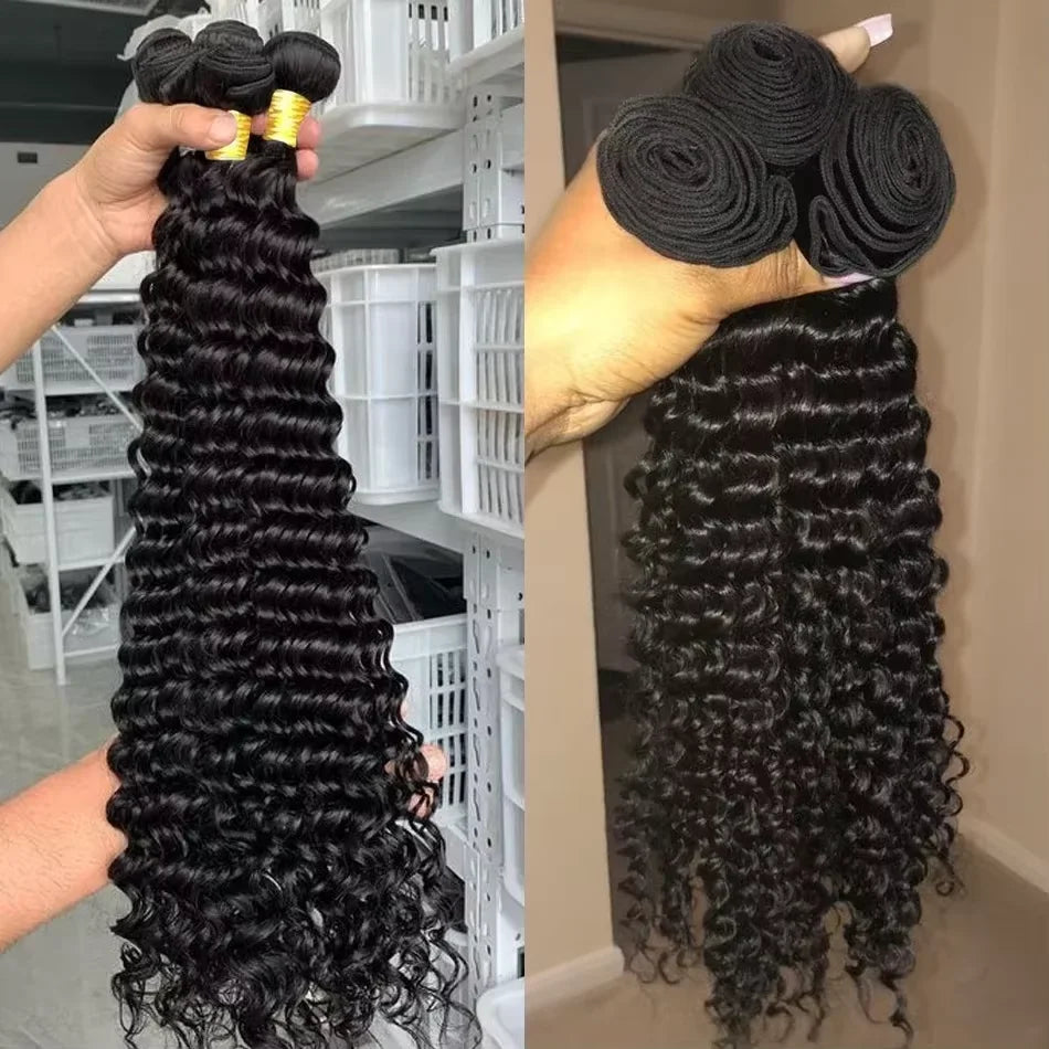 Deep Wave Brazilian Human Hair Bundles 28 30 inch Virgin Hair 3 4 Bundles For Women Sew In Quick Curly Weave Raw Hair Extensions