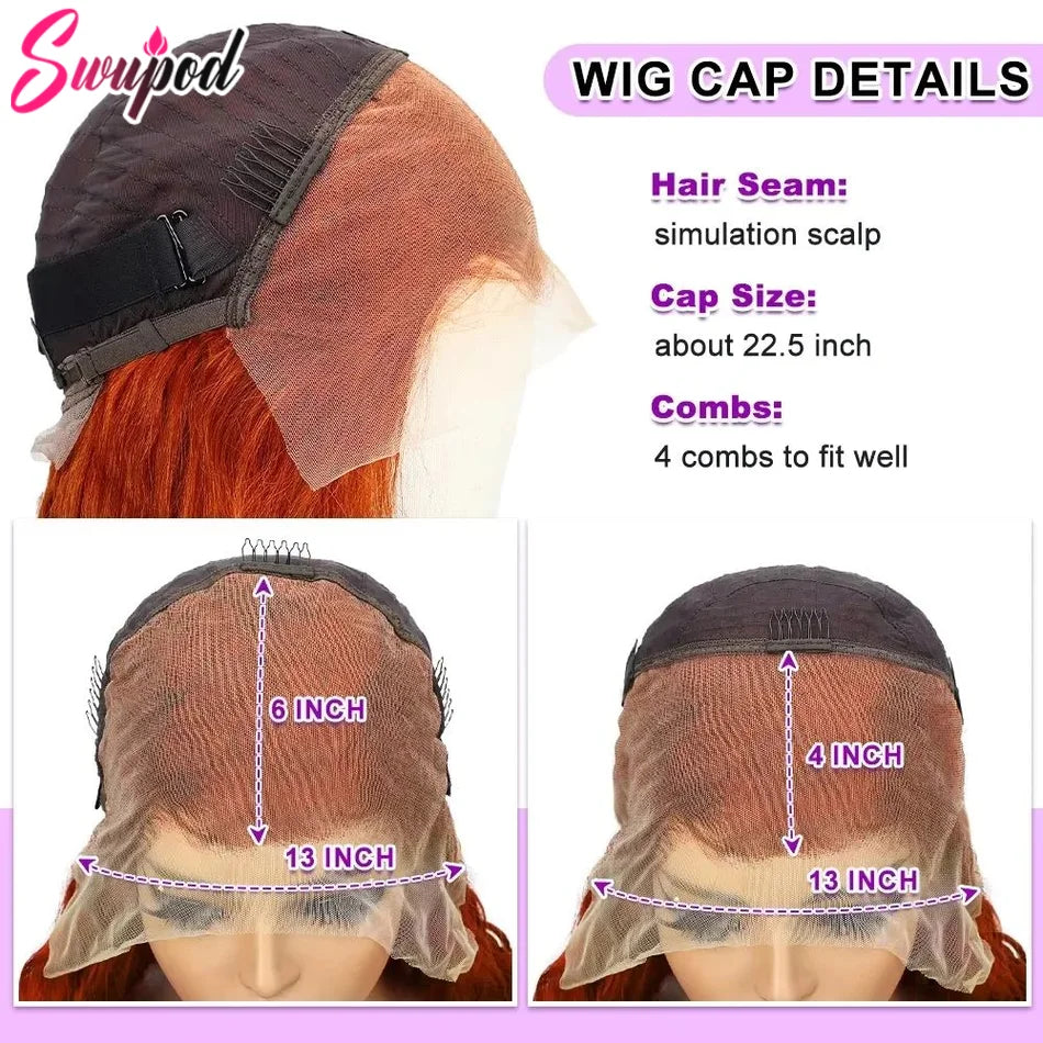 Swupod 13x4 13x6 220% Density Transparent HD Lace Front Wig for Women Deep Wave Remy Human Hair Ginger Orange 350# Loose Curly